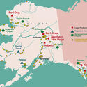Alaska map with mines, mineral exploration projects and mining communities.