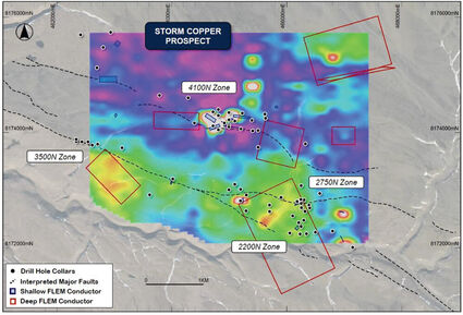 A map showing electromagnetic geophysical anomalies at the Storm copper project.