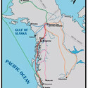 Map showing the routes taken to arrive at the Klondike Gold Fields.