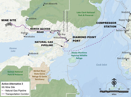Pebble copper gold mine northern access road port pipeline route Alaska