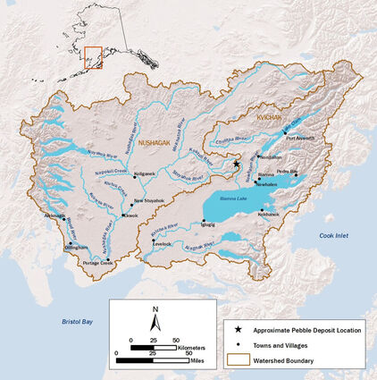 A map detailing the various watersheds in Southwest Alaska where Pebble is.