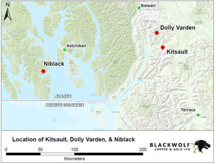 Map of Blackwolf, Dolly Varden, and New Moly’s Alaska and BC mineral projects.