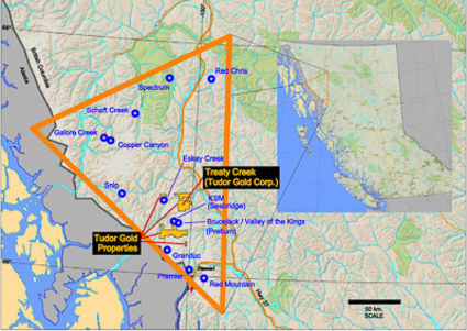 Golden Triangle map, Tudor properties near KSM, Treaty Creek